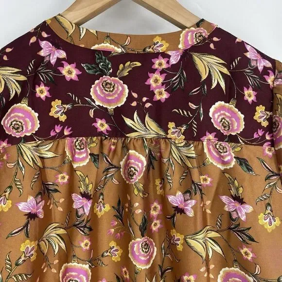 Loft Top Size Small Rust Mix Floral Print Long Sleeve Henley Top Puff Sleeve - Picture 8 of 10